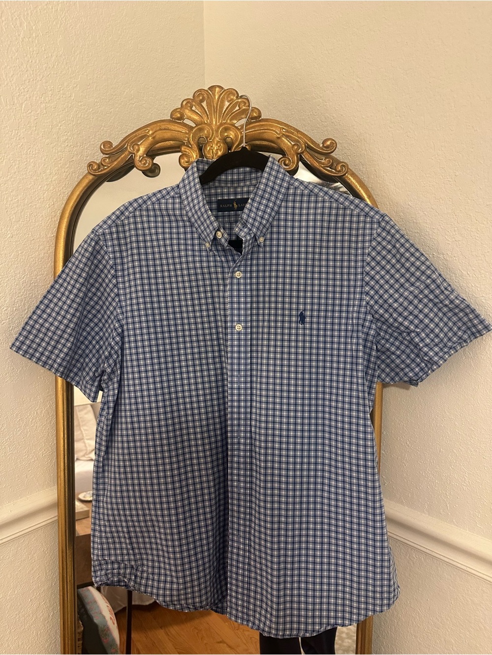 Ralph Lauren Blue and White Check Short-Sleeve Button-Down Shirt